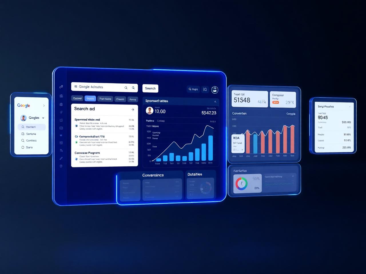 Google Ads performance dashboard concept showing a search ad mockup, keyword data, conversion charts and cost metrics